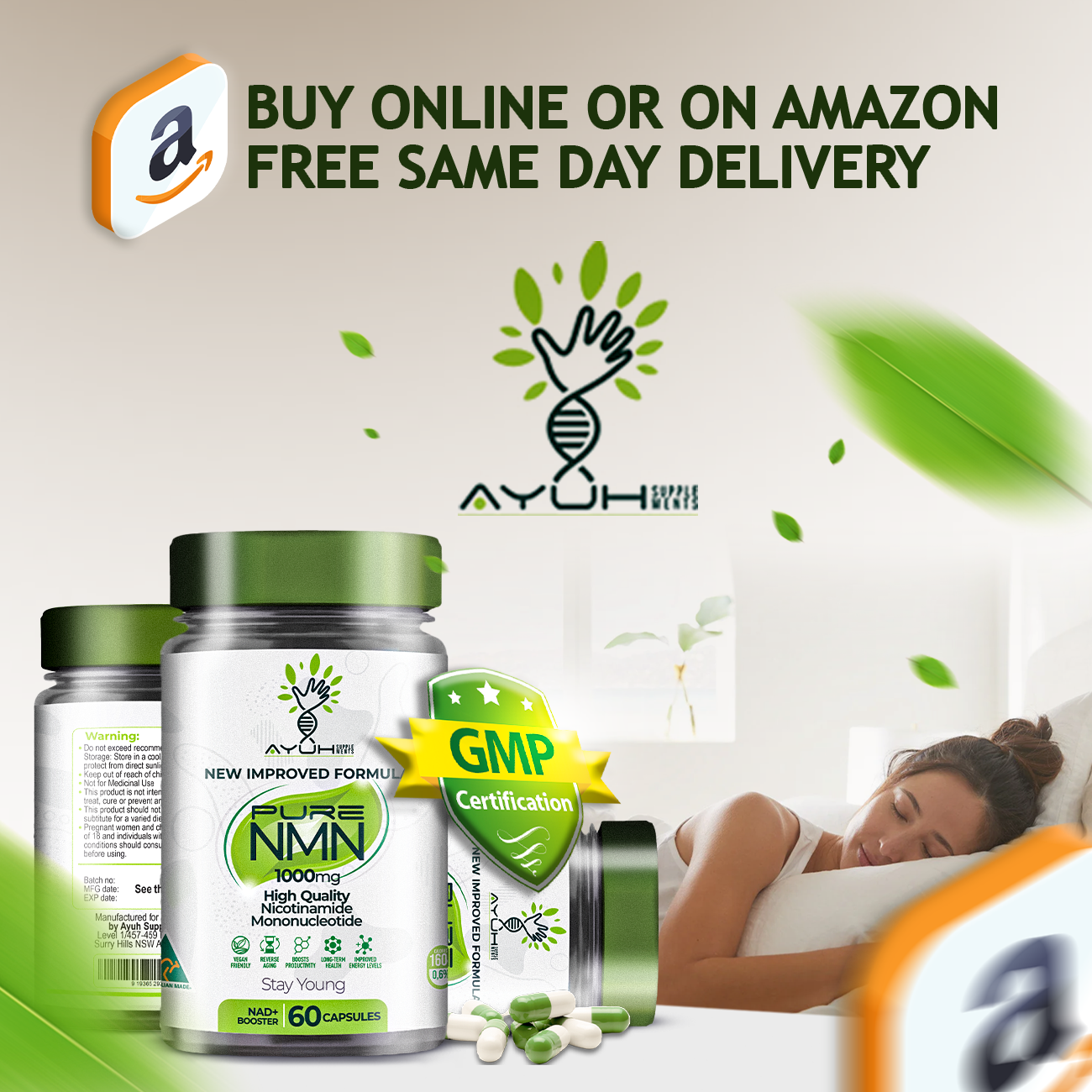 Social media ad graphic promoting same-day delivery for an NMN supplement product