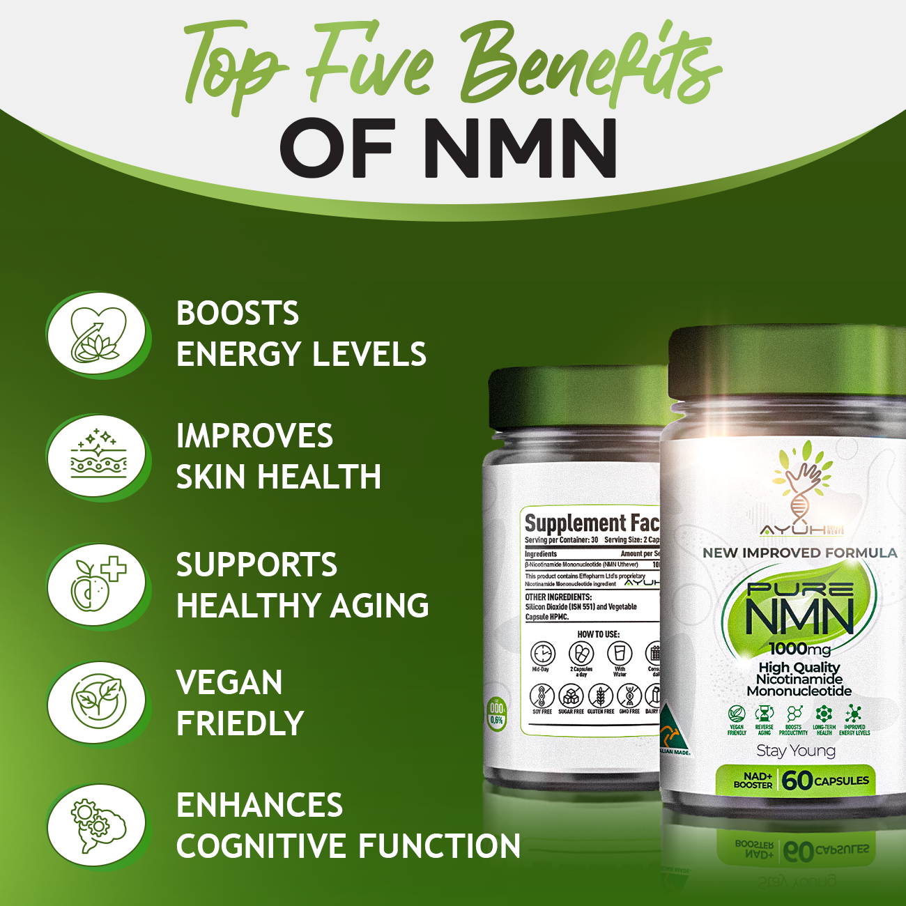 Social media ad graphic for an NMN supplement with a "stay young" wellness message