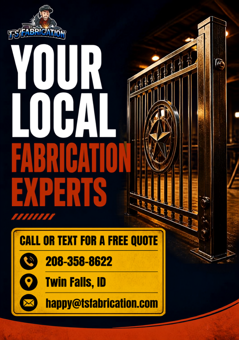 Social media graphic for T's Fabrication, a metal fabrication company in Twin Falls, Idaho — "Your Local Fabrication Experts"