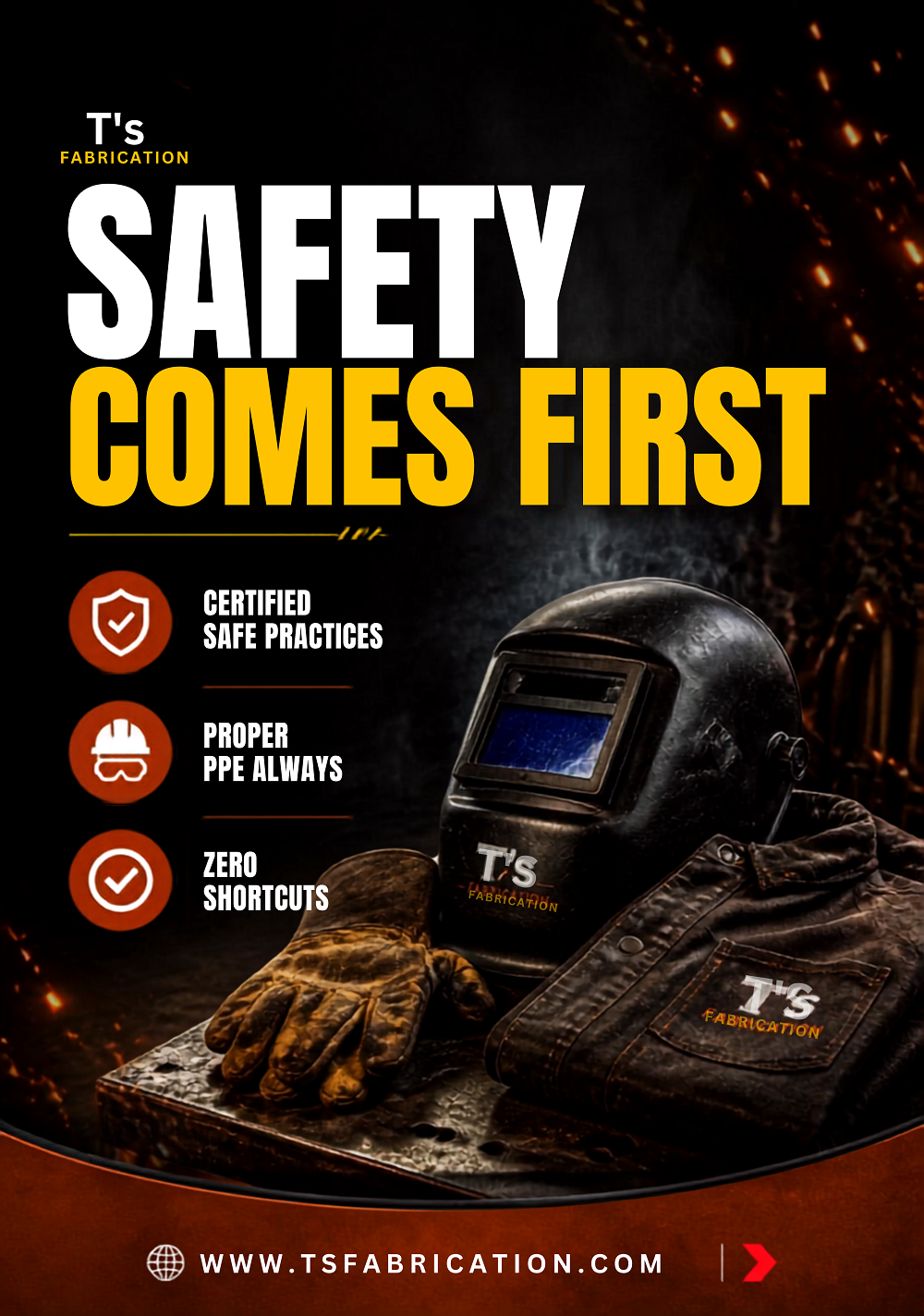 Social media graphic for T's Fabrication, a metal fabrication company in Twin Falls, Idaho — "Safety Comes First"