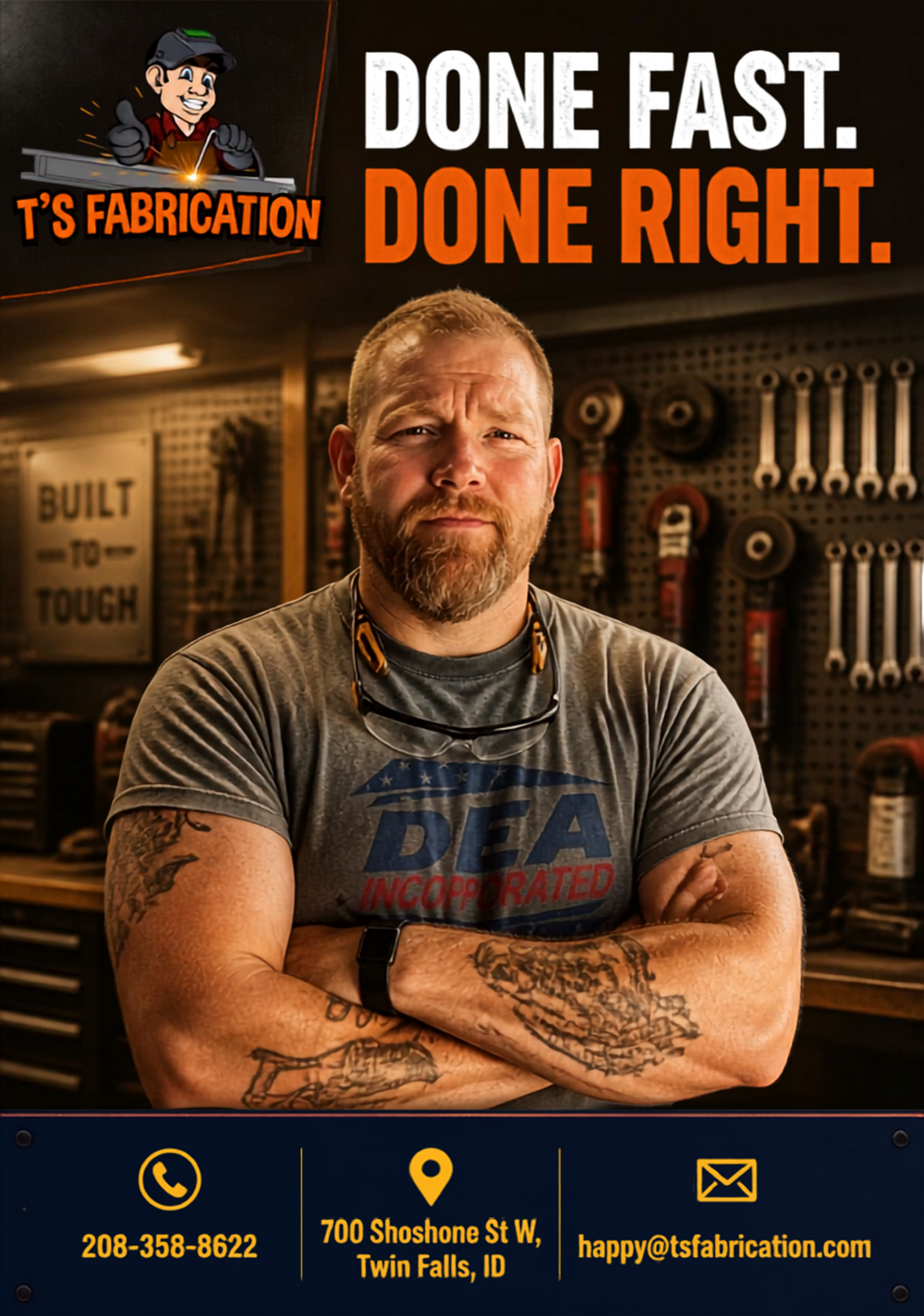 Social media graphic for T's Fabrication, a metal fabrication company in Twin Falls, Idaho — "T's Fabrication Done Right"
