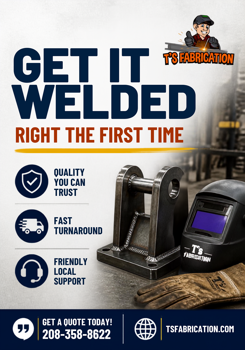 Social media graphic for T's Fabrication, a metal fabrication company in Twin Falls, Idaho — "Get It Welded Right the First Time"