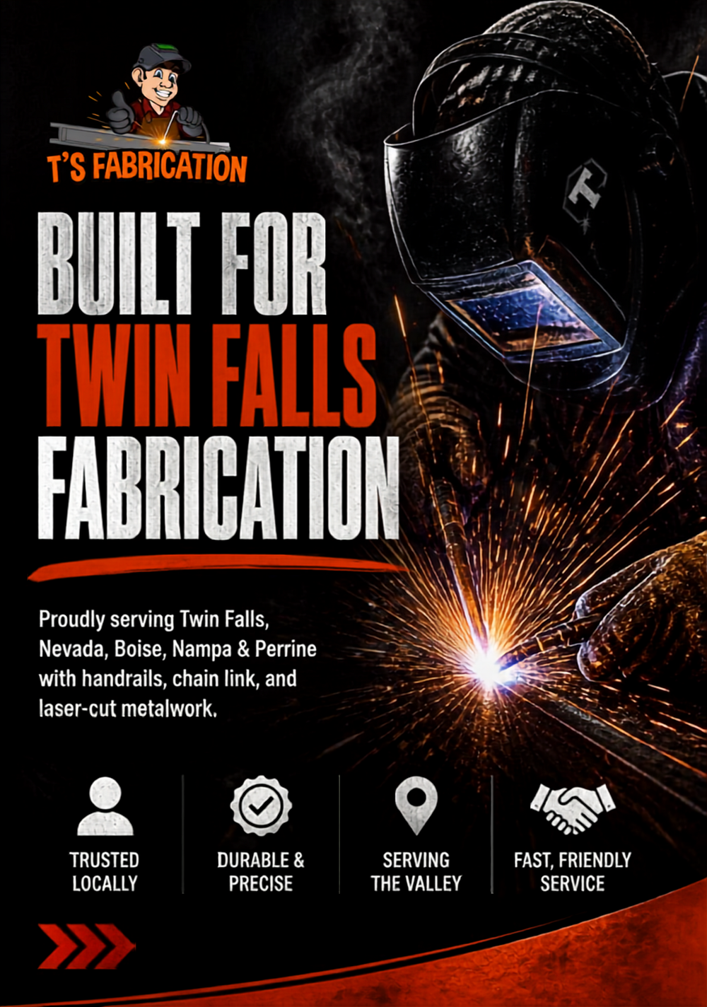 Social media graphic for T's Fabrication, a metal fabrication company in Twin Falls, Idaho — "Built for Twin Falls Fabrication"