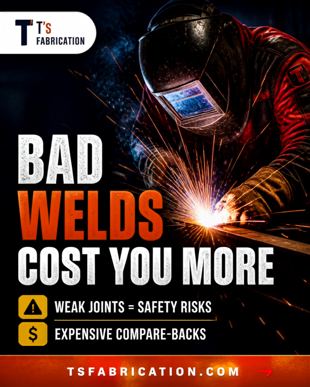 Social media graphic for T's Fabrication, a metal fabrication company in Twin Falls, Idaho — "Bad Welds Cost You More"